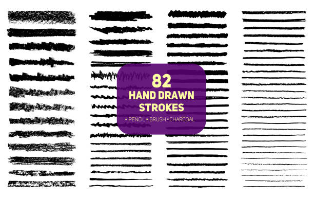 Set of 82 hand drawn texture brush, pencil and charcoal strokes lines. Set of 82 hand drawn texture brush, pencil and charcoal strokes lines. Grunge scratch effect black scribble, ink and stripes. Vector design isolated with artistic hatching, unique template background chalk outline stock illustrations