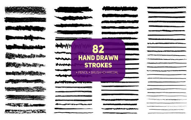 Vector illustration of Set of 82 hand drawn texture brush, pencil and charcoal strokes lines.