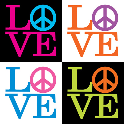 Vector illustration of four colorful love/peace sign icons.