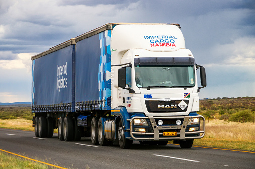 Omaheke, Namibia - February 11, 2020: Semi-trailer truck MAN TGS 26.440 at the interurban road.