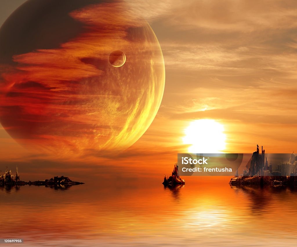 Fantasy sunset Landscape in fantasy planet Orange Color Stock Photo
