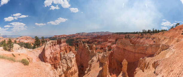Bryce Canyon National Park Bryce Canyon National Park is an American national park located in southwestern Utah. The major feature of the park is Bryce Canyon, which despite its name, is not a canyon, but a collection of giant natural amphitheaters along the eastern side of the Paunsaugunt Plateau. Bryce is distinctive due to geological structures called hoodoos, formed by frost weathering and stream erosion of the river and lake bed sedimentary rocks. The red, orange, and white colors of the rocks provide spectacular views for park visitors. Bryce Canyon National Park is much smaller, and sits at a much higher elevation than nearby Zion National Park. The rim at Bryce varies from 8,000 to 9,000 feet (2,400 to 2,700 m). sunrise point stock pictures, royalty-free photos & images