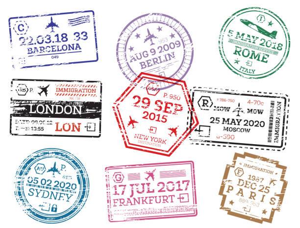 ilustraciones, imágenes clip art, dibujos animados e iconos de stock de colección de sellos de pasaporte aislados en blanco. - urgent palabra en inglés
