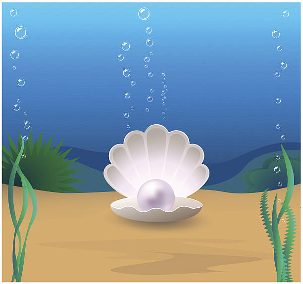 A pearl resting inside a clam shell at the bottom of the sea vector art illustration