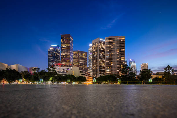 Downtown Los Angeles skyline at night.