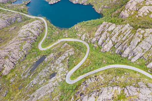 Road leading through a Mountain Pass. Aerial Panorama. Norway. Converted from RAW.