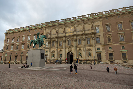 Stockholm, Sweden - January 16, 2020: Statue of Charles XIV Johan in Stockholm on the square in front of the Royal Palace. The work of the sculptor B. Vogelsberg, opened in 1854.