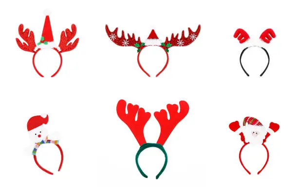 Photo of Pair of toy reindeer horns. headband of christmas isolated on white background, Set 1.
