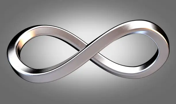 An infinity symbol made up of shiny metal square tubing on an isolated white studio background - 3D render