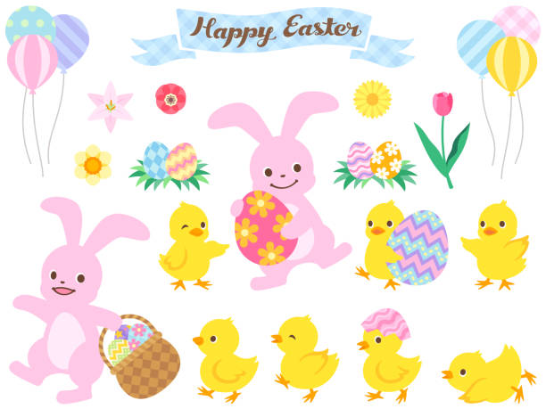 osterhase und küken illustration set - daffodil easter egg hunt easter easter egg stock-grafiken, -clipart, -cartoons und -symbole