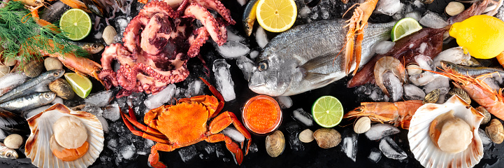 Fish and seafood panorama, a flatlay top shot. Sea bream. shrimps, crab, sardines, squid, octopus and scallops on ice with lemons and caviar