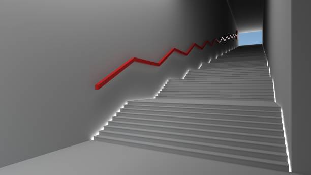istock Empty space White color room with the gap and glowing light. Sun light and shadow. With a ladder and a red arrow rising. White color background concept. Business concept. illustration, 3D rendering. 1206990639
