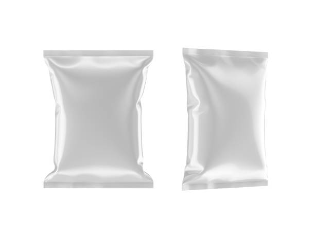 istock Blank white foil sachet food snack packaging mockup, Isolated on white background 1206992574