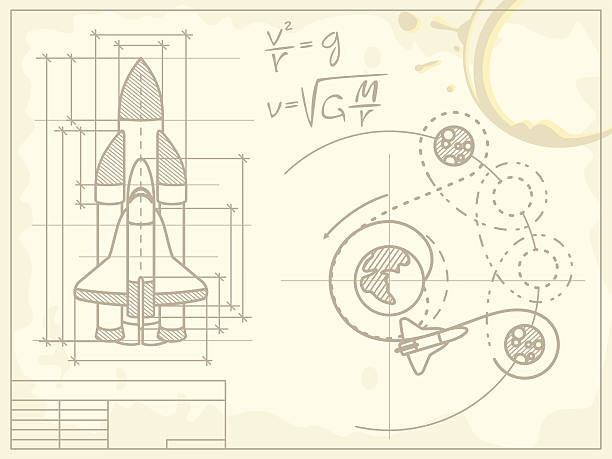 A blueprint and equations for a spaceship vector art illustration