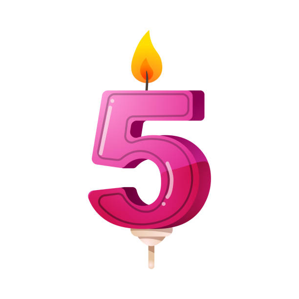 Number five birthday party, anniversary candle. Clipart,realistic 3D raster illustration Cartoon number five candle. Celebration, birthday party cake decoration, wax candle illustration. Isolated clip art raster icon set 4 5 years stock illustrations