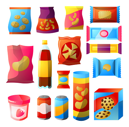 Vending, snacking products set for vendor machine bar. Chips, muesli bar, cookies, soda, juice, nuts, ice cream packages design. Box, doy pack bottles cans. Fast food raster clipart illustration