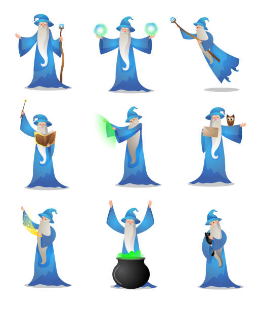 Colorful set of wizard character in various action poses. Raster illustration in flat cartoon style Collection set of old wizard making magic in mantle and hat with the wand, pot , and book on white background. Male witchcraft, medieval sorcerer merlin practicing. Colorful raster isolated icons set merlin the wizard stock illustrations