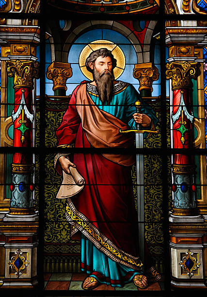 Stained glass window with Saint Paul, the Apostle stock photo