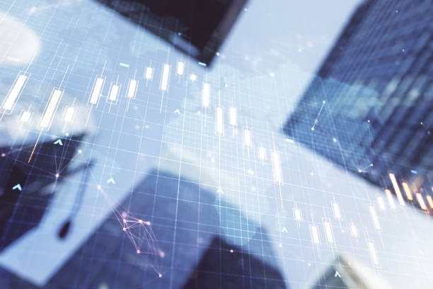 istock Double exposure of abstract financial graph with world map on office buildings background, financial and trading concept 1206995918