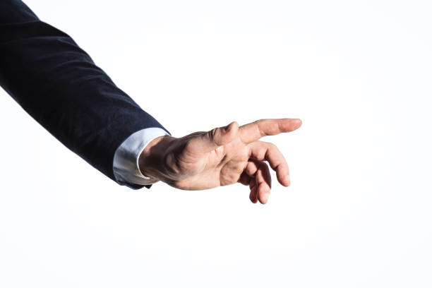 男性の手は抽象的なトランペアレント画面に触れ、白い背景に隔離されています。ビジネスとテクノロジーの概念。クローズアップ - close up touchpad computer index finger ストックフォトと画像