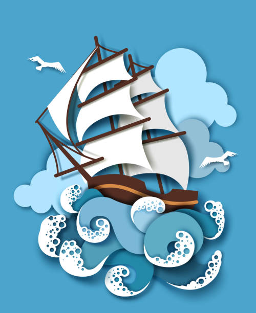 segelboot und tosendes meer, vektor-illustration in papier-kunst-stil - ship storm passenger ship sea stock-grafiken, -clipart, -cartoons und -symbole