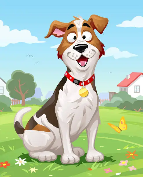 Vector illustration of Cheerful Dog sitting In The Meadow