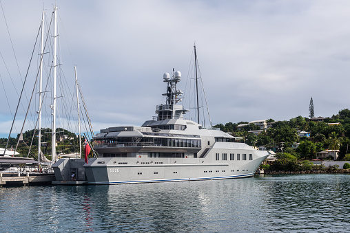 English Harbour, Antigua and Barbuda - December 18, 2018: Motor Yacht Skat (project 9906)  moored at the Antigua yacht club in English Harbour, St. Paulâs Parish, Antigua And Barbuda.