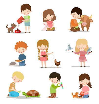Cute little boys and girls feeding animals set. Adorable kids caring for wild and domestic animals concept. Colorful raster flat isolated icons set. The clip art style on white background.