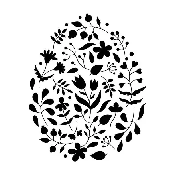 Vector illustration of Floral patterns in the shape of an Easter egg.Plant elements, leaves, twigs, flowers.Black silhouettes of spring plants.Design for holiday cards.Stencil, template.Doodle vector on white background