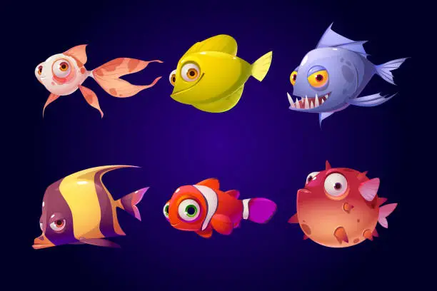 Vector illustration of Sea fish, tropical colorful aquarium creatures set