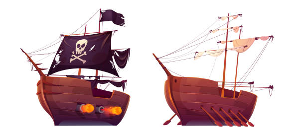 illustrations, cliparts, dessins animés et icônes de bateau de pirate et galère d’esclave avec des rames d’isolement - galère