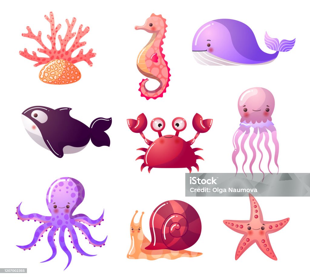 Colorful Set Of Sea Creaturesraster Illustration In The Flat Cartoon Style  Of Ocean Animals Stock Illustration - Download Image Now - iStock