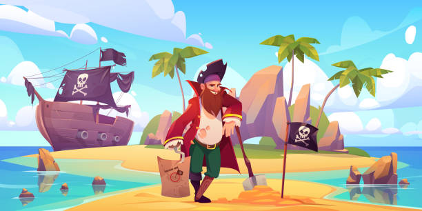 illustrations, cliparts, dessins animés et icônes de coffre de trésor enterré de pirate sur l’île tropicale - drapeau de lîle de man