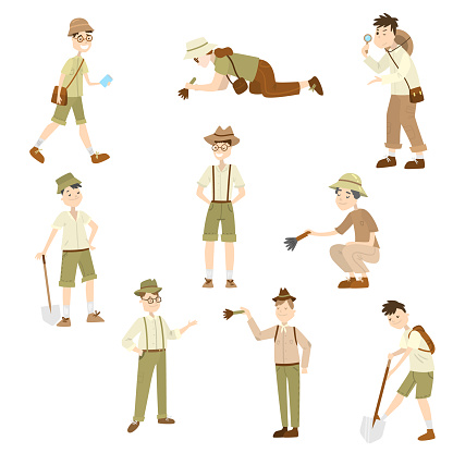 Collection set of archaeologists men and women of different ages in different poses with different attributes in the hands.Scientist working on excavations. Colorful raster flat isolated icons set