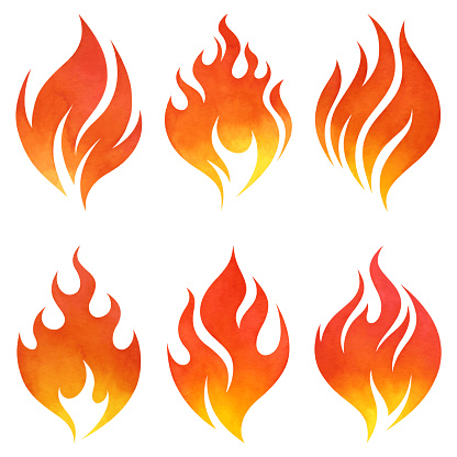Set of flame icons with watercolor strokes