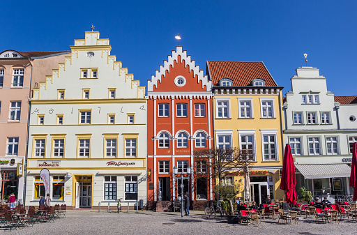 Colorful facades at the market square in Greifswald, Germany