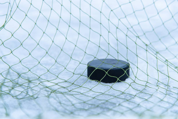 gol marcado por um disco de hóquei na rede de gols - ice hockey hockey puck playing shooting at goal - fotografias e filmes do acervo