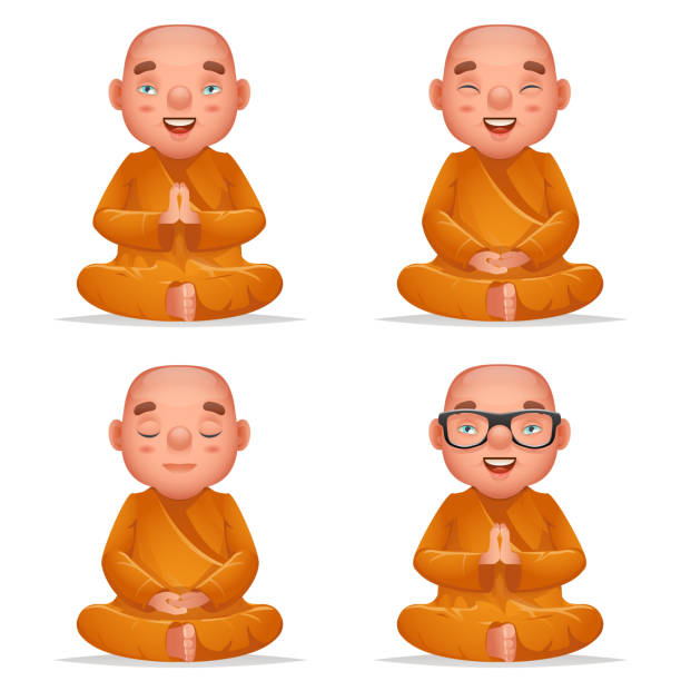 ilustraciones, imágenes clip art, dibujos animados e iconos de stock de lindo budista sentado monje tradicional asiática budismo cultura meditación religión caricatura 3d carácter realista conjunto aislado en la ilustración vectorial de diseño blanco - monk meditating thailand bangkok