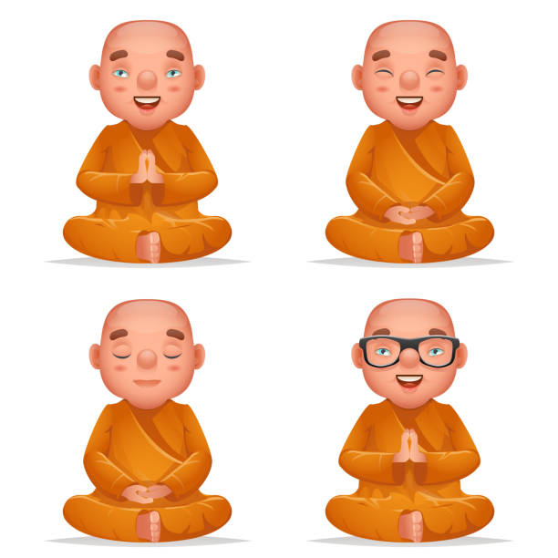 かわいい仏教座僧伝統的なアジア仏教文化瞑想宗教漫画3d現実的な文字セットは、白いデザインベクトルイラストレーションに孤立 - monk meditating thailand bangkok点のイラスト素材／クリップアート素材／マンガ素材／アイコン素材