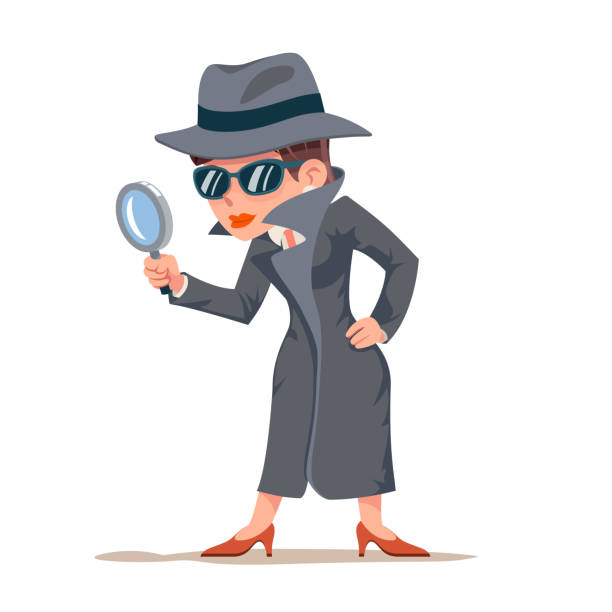 ilustraciones, imágenes clip art, dibujos animados e iconos de stock de pequeña detective mujer fisgera lupa lupa tec búsqueda ayuda mujer diseño de personajes de dibujos animados ilustración vectorial aislada - detective inspector forensic science searching