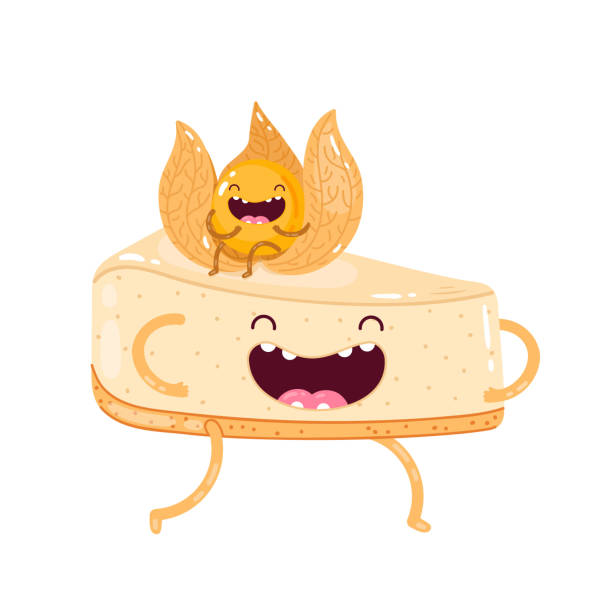 Piece of cheesecake. Cute doodle vector characters Piece of cheesecake. Cute doodle vector characters creamy cheesecake and physalis awful taste stock illustrations