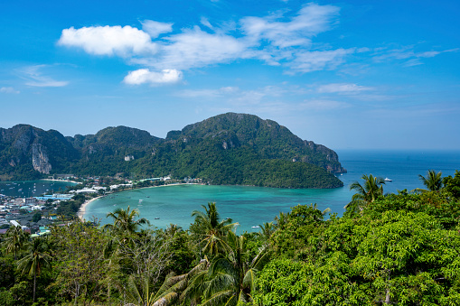 Aerial view of the Phi Phi Don island in Thailand seen a hot summer day near the cities of Phuket and Krabi.