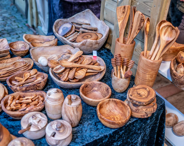 istock Selective focus on handmade wooden products on display on a table 1207006966