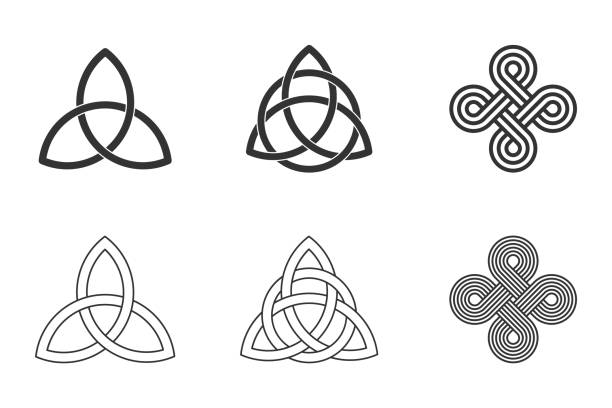 흰색 배경에 설정된 켈트 매듭. 트라이퀘트라, 삼위일체 매듭 원, 끝없는 루프. - infinity circle continuity geometric shape stock illustrations