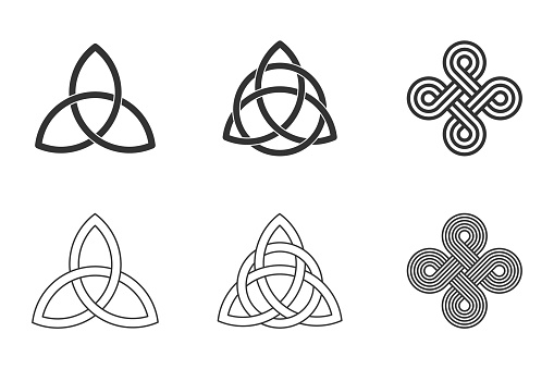 Ancient ornaments symbolizing eternity. Trefoil interconnected lines. Infinite knots. Vector illustration.