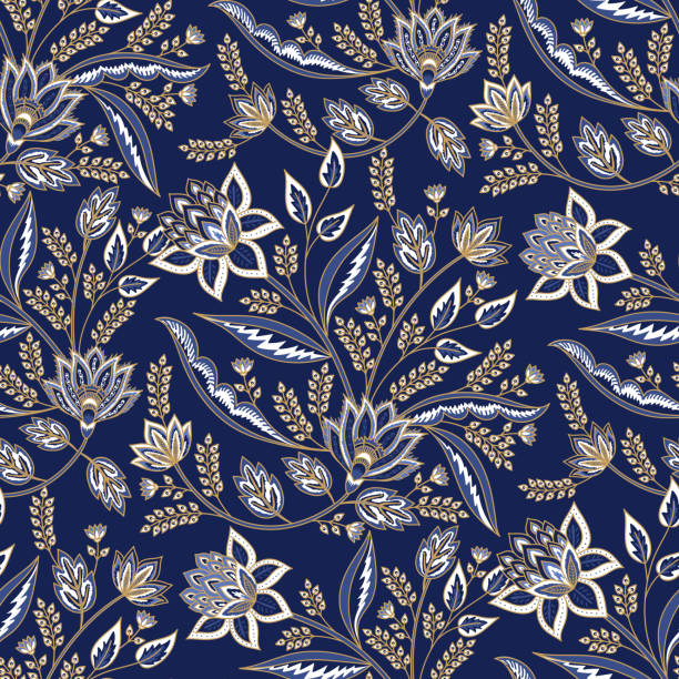 인도 꽃 페이즐리 패턴 벡터 원활한 테두리입니다. 빈티지 동양 꽃 모티브 는 친츠 직물 또는 바틱 인도네시아 사롱. 아랍어 디자인 - wallpaper pattern silk backgrounds stock illustrations