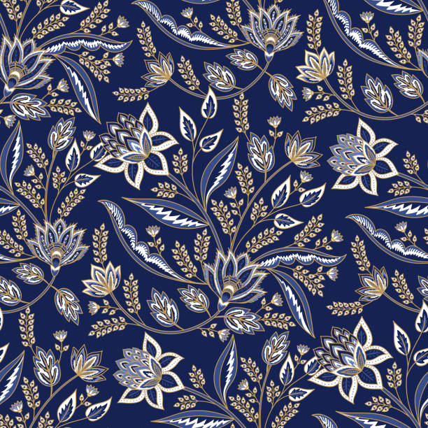 ilustrações, clipart, desenhos animados e ícones de fronteira perfeita do padrão floral indiano paisley. flores orientais vintage motivo para tecido chintz ou batik indonésia sarong. design árabe - floral pattern pattern silk wallpaper