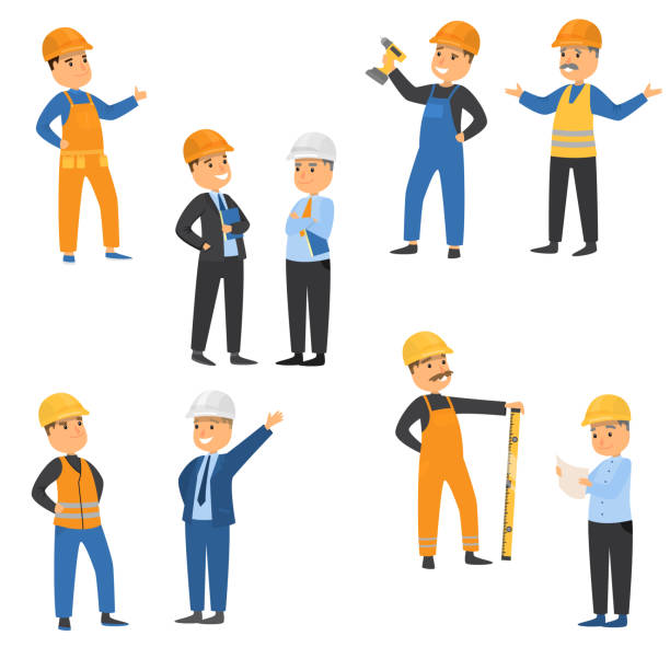 Workers at the construction site set. Raster illustration in flat cartoon style Collection set male workers of engineers and other technician professions.Builders dressed in protective vests and helmets concept. Colorful raster flat isolated icons set building contractor illustrations stock illustrations