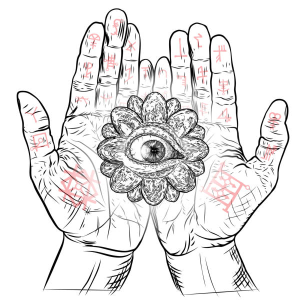 fortune teller hände oder hexe hände mit allen sehenden augen. mystische und okkulte symbole. palmistry konzept von spiritualität, astrologie und esoterischem konzept. magische schwarze tinte tattoo flash-idee. vektor - fortune teller flash stock-grafiken, -clipart, -cartoons und -symbole