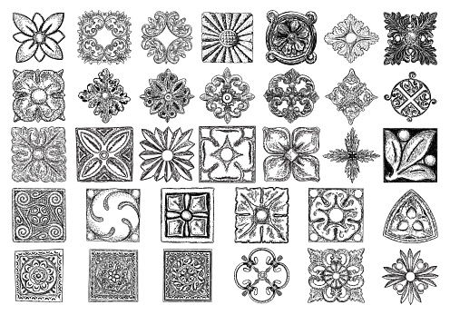 Large set of ornaments, square rosette. Carving patterns of decorative leaves, acanthus, French cartouches, various scroll and shell elements. Tiles art Victorian design and hand engraving.